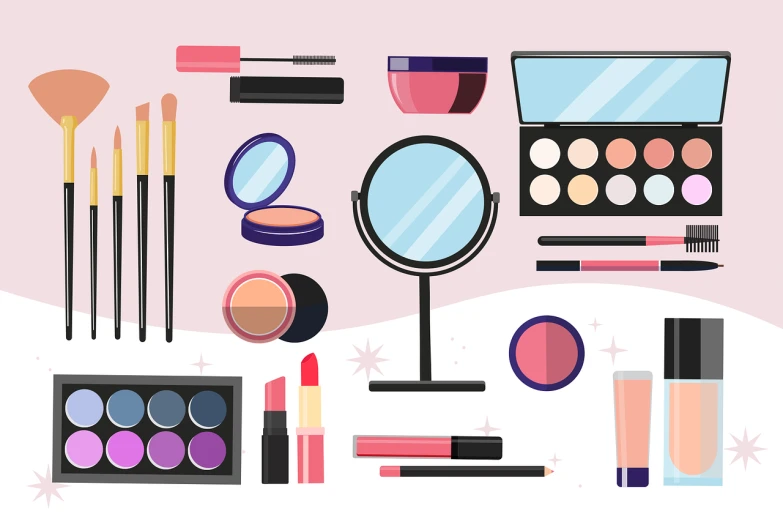 a variety of makeup items on a pink background, vector art, mirror background, flat icon, with cinematic colour palette, illustrator vector graphics