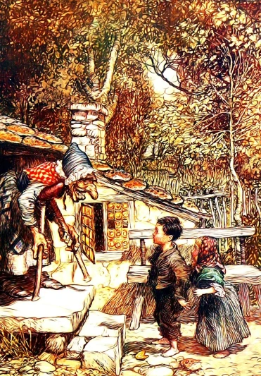 a painting of a man riding a horse next to a woman, by Albert Swinden, trending on pixabay, hansel and gretel, tavern, fairy tale illustration, enhanced photo