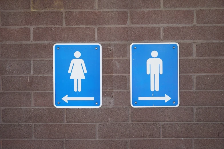 two blue and white signs on a brick wall, siting on a toilet, man and woman, istockphoto, square