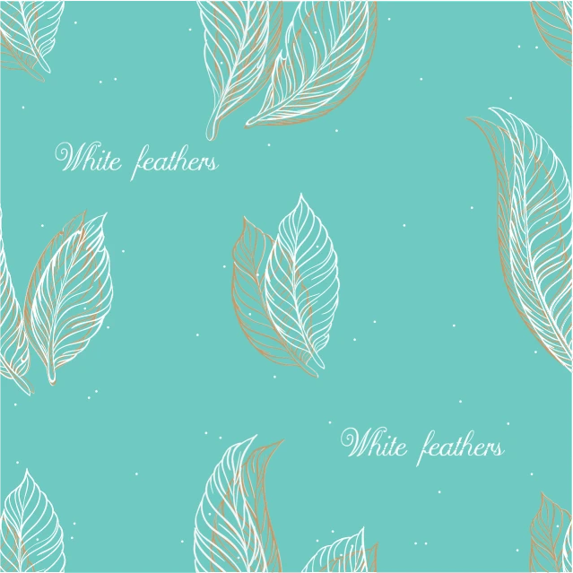 a pattern of white feathers on a blue background, an illustration of, art deco, mint leaves, whole page illustration, with text, linear illustration