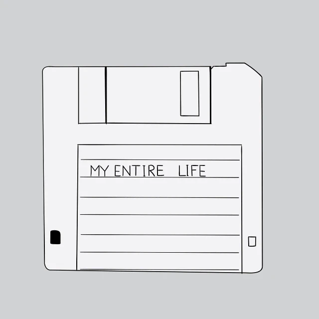 a floppy disk with the words my entire life written on it, vector art, by Andrei Kolkoutine, unsplash, on grey paper sketch ink style, full device, karla ortiz, very old