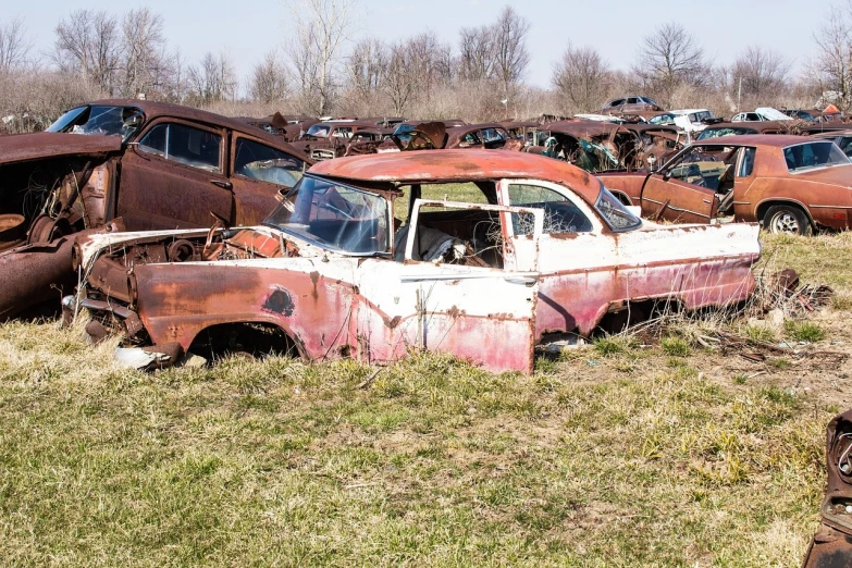 a bunch of old rusted cars sitting in a field, a photo, pixabay, 1957 chevrolet bel air, scrapyard architecture, ebay photo, illinois