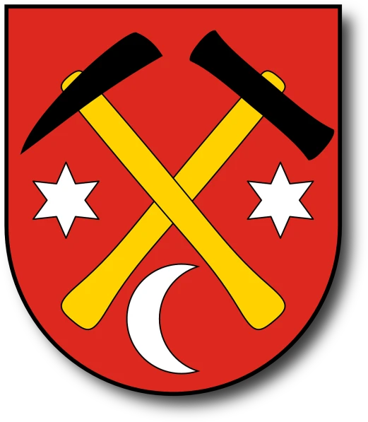a red shield with two crossed axes and a crescent, by Jakob Häne, pixabay, hurufiyya, high school badge, mines, !!! very coherent!!! vector art, close to night