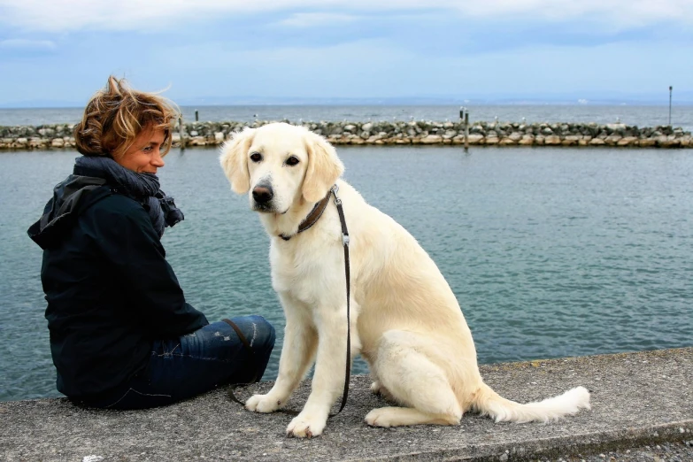 a person sitting down with a dog on a leash, a picture, by Petr Brandl, pixabay, white labrador retriever face, at the seaside, lab in the background, italian