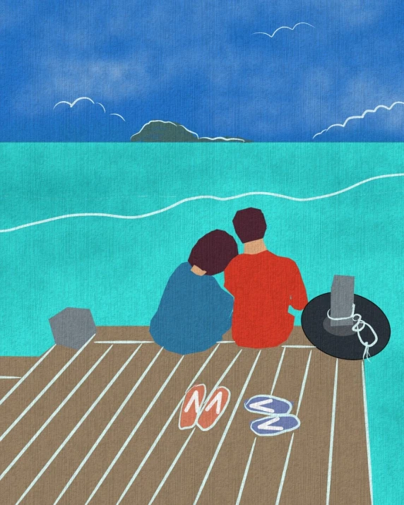 a painting of two people sitting on a dock, a digital rendering, inspired by Emiliano Ponzi, tumblr, naive art, japanese illustrator, sketch of an ocean in ms paint, deep love, istock