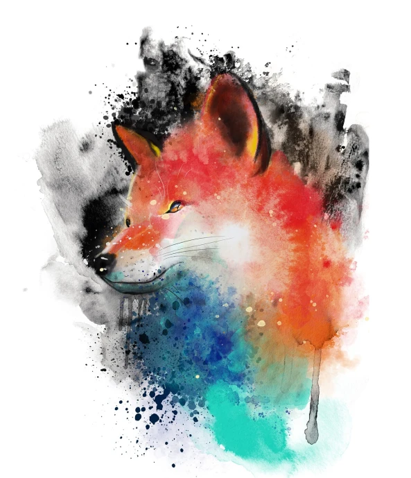 a watercolor painting of a red fox, a watercolor painting, by Adam Marczyński, trending on shutterstock, colorful splatters, blurred and dreamy illustration, mixed media style illustration, acrylic and spraypaint