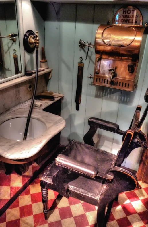 a chair sitting next to a sink in a bathroom, by Jacob Steinhardt, pixabay, art nouveau, set in bank vault room, hammer and sickles, photo taken with an iphone, 1870s