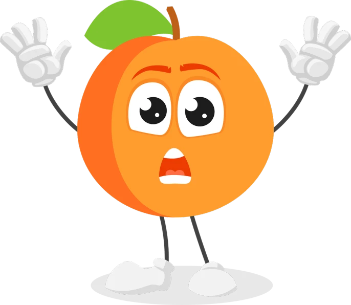 a cartoon orange with hands in the air, inspired by Heinz Anger, pixabay, digital art, peaches, dark!!!, mischievous look, screen cap