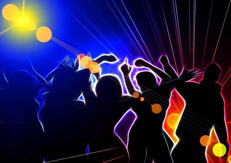 a group of people dancing at a party, a digital rendering, by Thomas Häfner, pixabay, funk art, glowing lights! digital painting, medium detail, rock band, ( ( ( ( 3 d render ) ) ) )