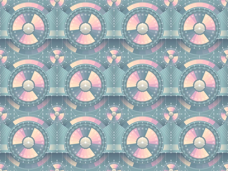 a pattern of circular shapes on a blue background, a digital rendering, by Aleksander Kotsis, polycount, futurism, paul laffoley, nuclear reactor, pastel faded effect, dials