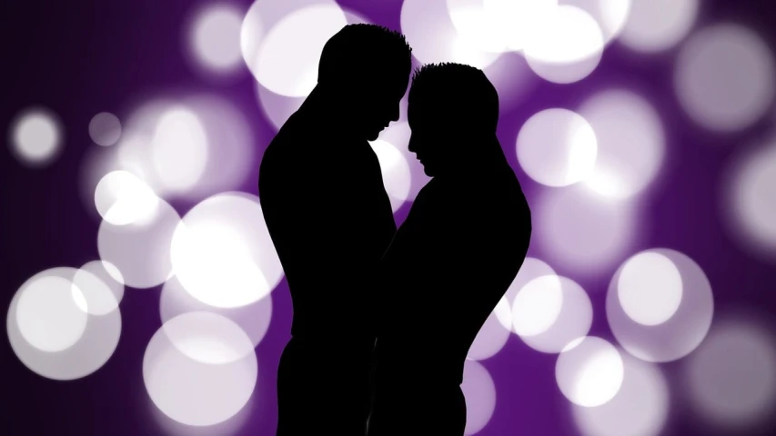 a silhouette of a man and a woman standing next to each other, a photo, by Meredith Dillman, pixabay, romanticism, purple background, two men hugging, homoerotic, closeup photograph