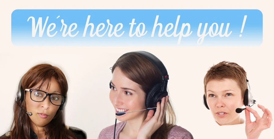 a group of women with headsets that say we're here to help you, by Francis Helps, shutterstock, renaissance, blonde, front photo, decorative, modeled