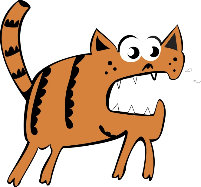 a cartoon picture of a cat with its mouth open, a digital rendering, by Tom Carapic, pixabay, scary creatures, an orange cat, with a black background, frightened and angry