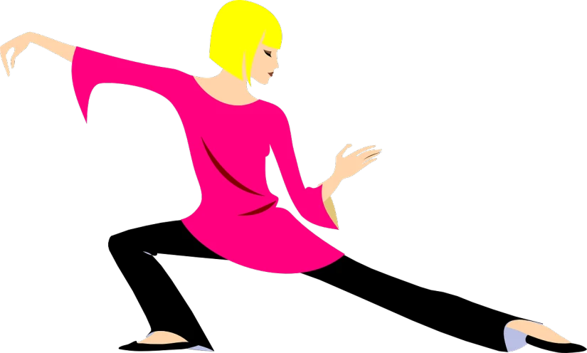 a woman in a pink shirt doing a yoga pose, a digital rendering, pixabay, arabesque, tai chi, 1960s illustration, side view of her taking steps, a blond