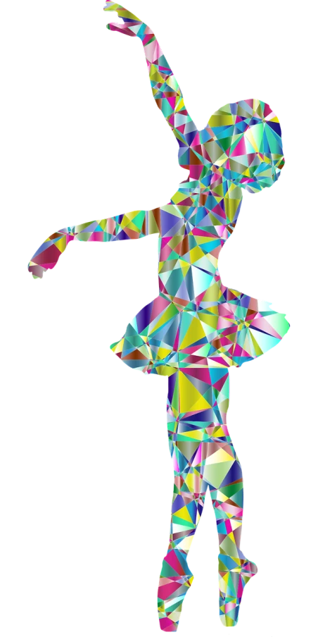 a silhouette of a ballerina on a black background, vector art, inspired by Jacques Villon, pixabay, crystal cubism, multicoloured, full body close-up shot, trending on pixart, colorful glass art