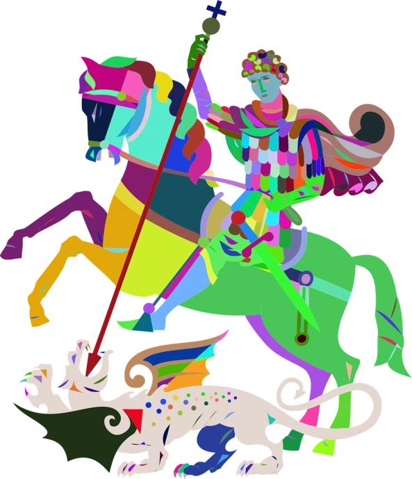 a man riding on the back of a horse next to a dog, a digital rendering, inspired by Bjørn Wiinblad, neo-fauvism, saint michael the angel, on a flat color black background, (((knight))), cheval michael