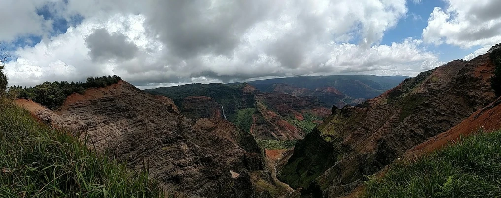 a view of a valley from the top of a mountain, a picture, by Tom Wänerstrand, kauai, grand canyon, panorama view, terrified 👿