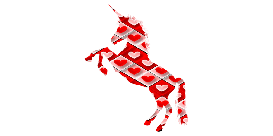 a red and white horse with hearts on it's back, a digital rendering, digital art, amoled, unicorn, flag, very accurate photo