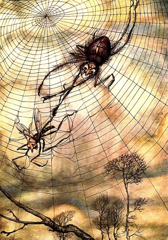 a painting of a spider and a spider on a web, an illustration of, by Arthur Rackham, flickr, surrealism, slicing the air. pop surrealism, dali style, antenna, netting