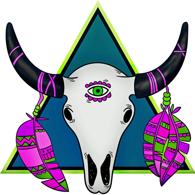 a cow skull sitting on top of a triangle, inspired by Dave Arredondo, pixabay, sots art, neon aztec, girl design lush horns, electric sheep, tribal clothing