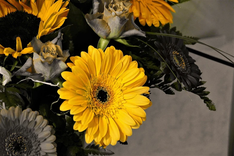 a close up of a bunch of flowers in a vase, a digital rendering, inspired by François Boquet, photorealism, black and yellow color scheme, golden and silver colors, marigold, close-up!!!!!!