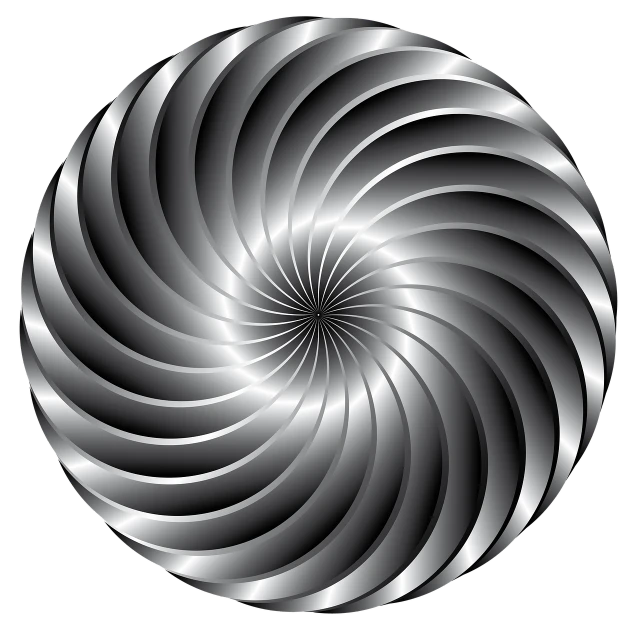 a circular silver object on a black background, a raytraced image, op art, fan art, glowing spiral background, gradient white to silver, spitfire