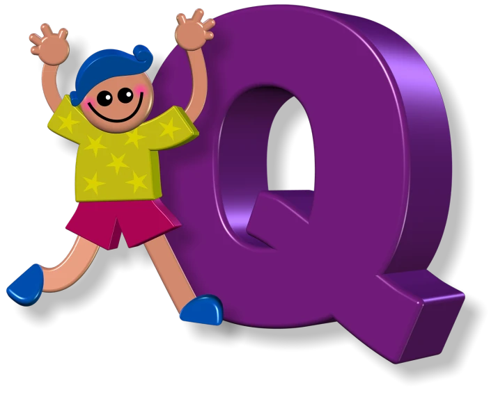 a child standing next to the letter q, a digital rendering, inspired by Ei-Q, pixabay, material is!!! plum!!!, barney and friends, black quick, latina