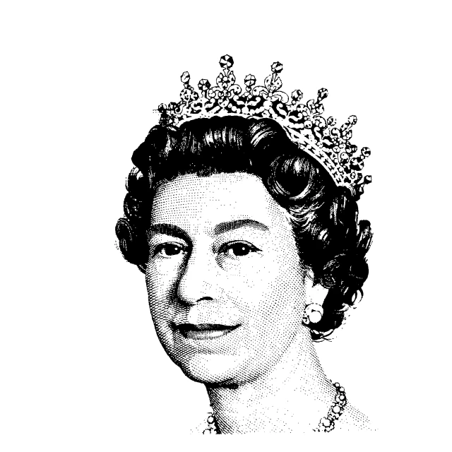 a black and white photo of a woman wearing a tiara, a stipple, digital art, queen elizabeth ii, plain background, rule britannia, gigachad portrait