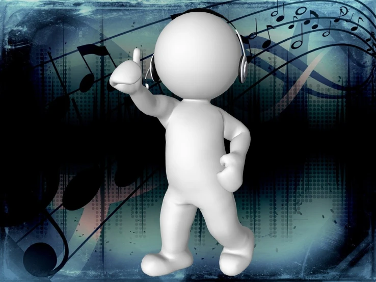 a person listening to music with headphones on, by Tom Carapic, trending on pixabay, digital art, 3 d white shiny thick, dancing character, stick figure, nitid and detailed background