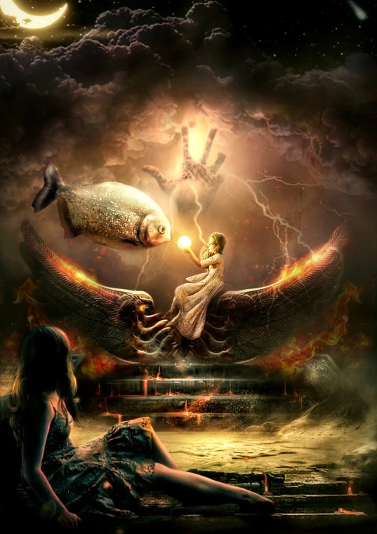 a woman sitting on top of a boat next to a fish, inspired by Johfra Bosschart, deviantart contest winner, the sorceress casting a fireball, extremely detailed goddess shot, emerging from her lamp, manipulation