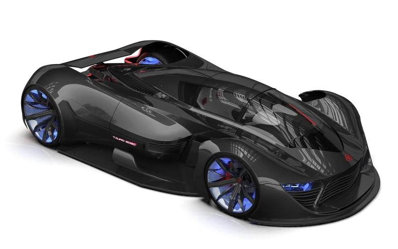 a black car with blue wheels on a white surface, a 3D render, by Federico Zuccari, tumblr, futurism, black steel with red trim, render of futuristic supercar, transparent black windshield, jet - black skin
