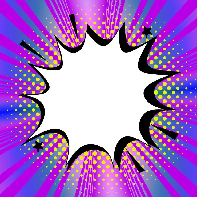 a pop art comic speech bubble on a purple background, inspired by Lichtenstein, pop art, background explosion, hyperspace, frame, with a white background