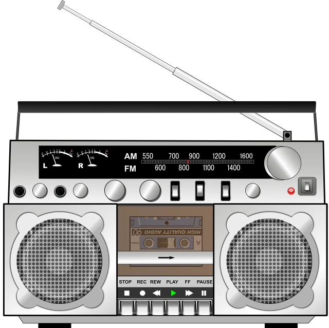 a close up of a radio on a black background, computer art, highly detailed vector art, tape deck, illustrator vector graphics, silver