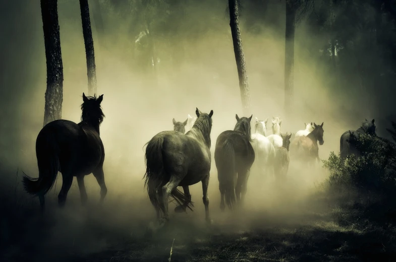 a herd of horses running through a forest, by Basuki Abdullah, mystical atmosphere, dusty lighting, closeup!!!!!!, istock
