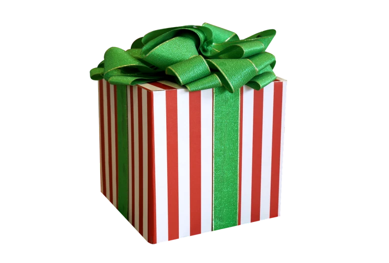 a red and white striped gift box with a green bow, by Eden Box, pixabay, hurufiyya, on black background, california;, 1 6 x 1 6, a tall