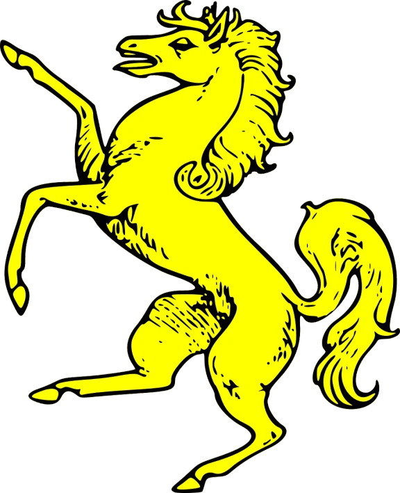 a yellow horse standing on its hind legs, an illustration of, inspired by Bernardo Cavallino, heraldry, horizontally leaping!!!, brimstone, barnet