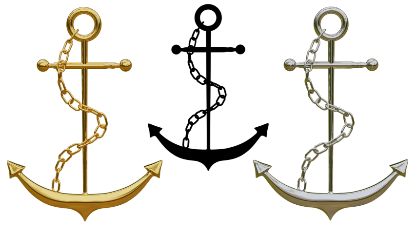 a gold and silver anchor on a black background, pixabay, digital art, front side views full, isolated on white background, smiles, cycles4d