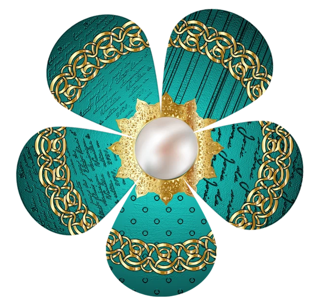 a green and gold flower with a pearl in the center, a digital rendering, arabesque, turquoise gold details, emerald tablet, van cleef & arpels style, cyan gold blank light