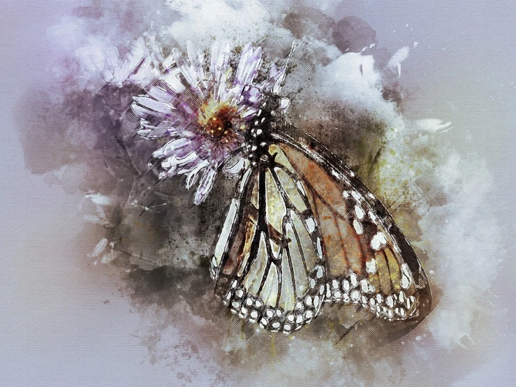 a painting of a butterfly resting on a flower, a watercolor painting, trending on pixabay, texturized, tattered wings, complex and desaturated, feathery wings