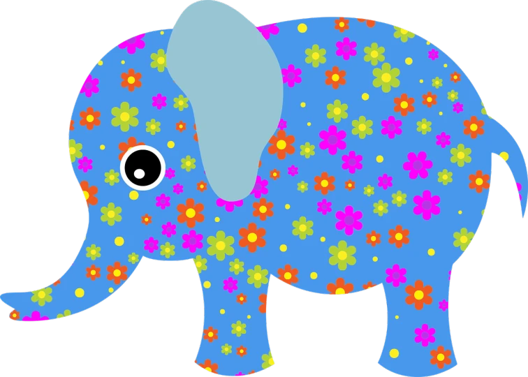 an elephant with colorful flowers on it's body, a digital rendering, inspired by Yayou Kusama, pixabay, toyism, blue colored, ( dog ) looks like elephant, pattern, shag