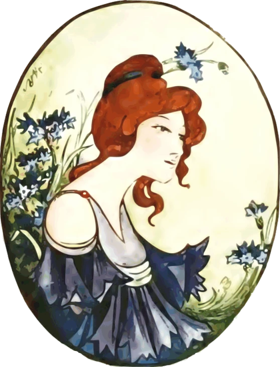 a painting of a woman in a blue dress, inspired by Eugène Grasset, flickr, art nouveau, beautiful oval face, their irises are red, style of aubrey beardsley, red haired young woman