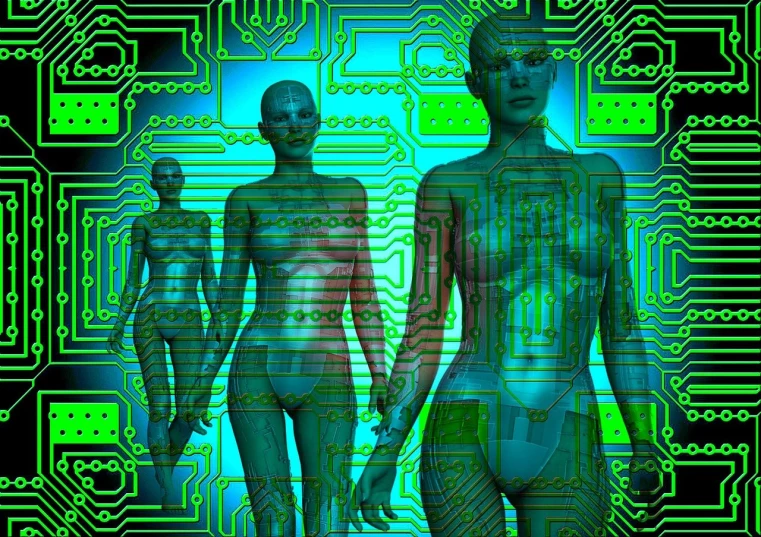 a couple of people standing in front of a circuit board, by Alison Watt, trending on pixabay, digital art, hot reptile humanoid woman, on a mannequin. high resolution, stock photo, flesh with technology