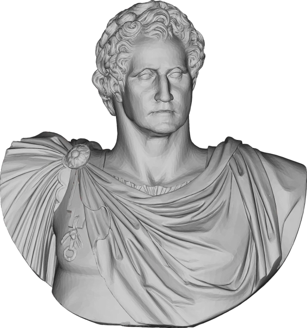 a black and white photo of a bust of a man, a raytraced image, inspired by Augustus Earle, featured on zbrush central, neoclassicism, scans from museum collection, roman emperor, waist up portrait, zbrush sculpt colored