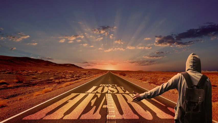 a person standing in the middle of a desert road, an album cover, by Kurt Roesch, trending on pixabay, highway and sunset!!, loser, digital ilustration, billboard image