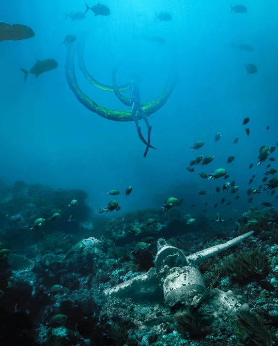 a person swimming in the ocean next to a plane, by Robert Jacobsen, unsplash contest winner, ecological art, opal statues adorned in jewels, tubular creature, indonesia national geographic, 🦩🪐🐞👩🏻🦳