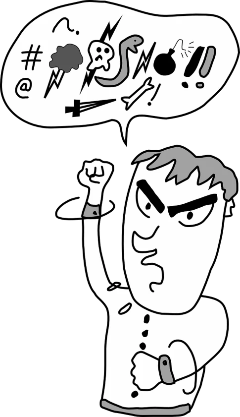 a black and white drawing of a man with a thought bubble above his head, a cartoon, inspired by Heinz Anger, pixabay, art brut, wielding a dagger, arguing, mouth wired shut, indistinct man with his hand up