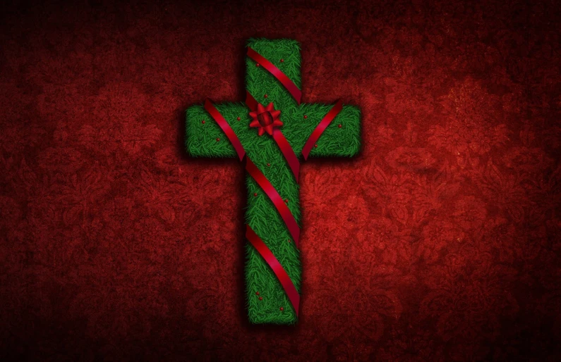 a cross made out of grass on a red background, a digital rendering, inspired by Ernest William Christmas, pixabay, hurufiyya, green stained glass, candy canes, ribbon, hyper detailed ornament