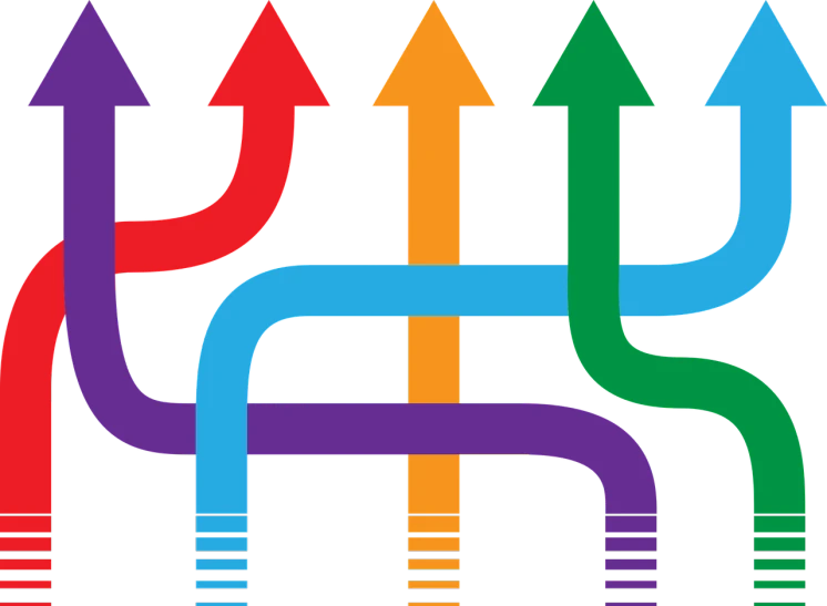 a group of arrows pointing in different directions, by Dan Content, rainbow tubing, branching, good graphic, pathways