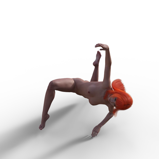 a woman with red hair doing a trick on a skateboard, inspired by Leonor Fini, digital art, 3 d render of a full female body, on a black background, hanging upside down, low quality 3d model