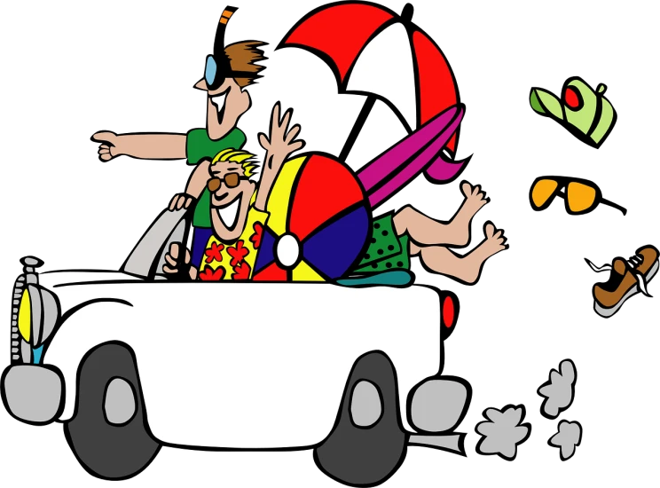 a couple of people riding in the back of a car, a cartoon, by Hugh Hughes, pixabay, conceptual art, beaching, carnival, with a white background, car moving fast